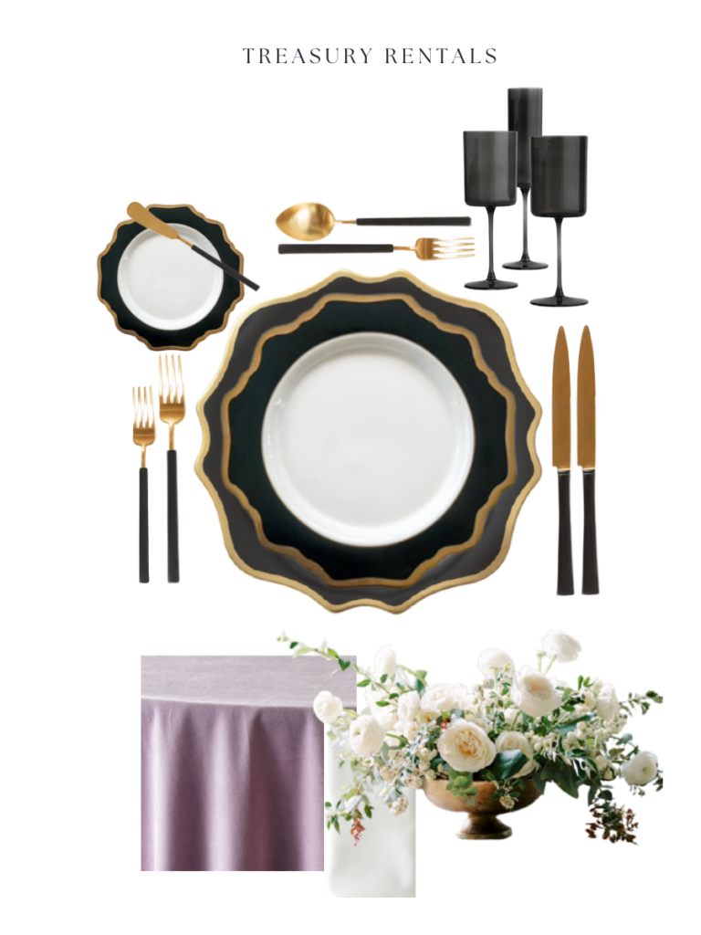 An elegant tablesetting mock-up featuring black and gold ornate dinnerware, modern black and gold flatware, modern edge glassware, with soft romantic florals and a lilac table linen.